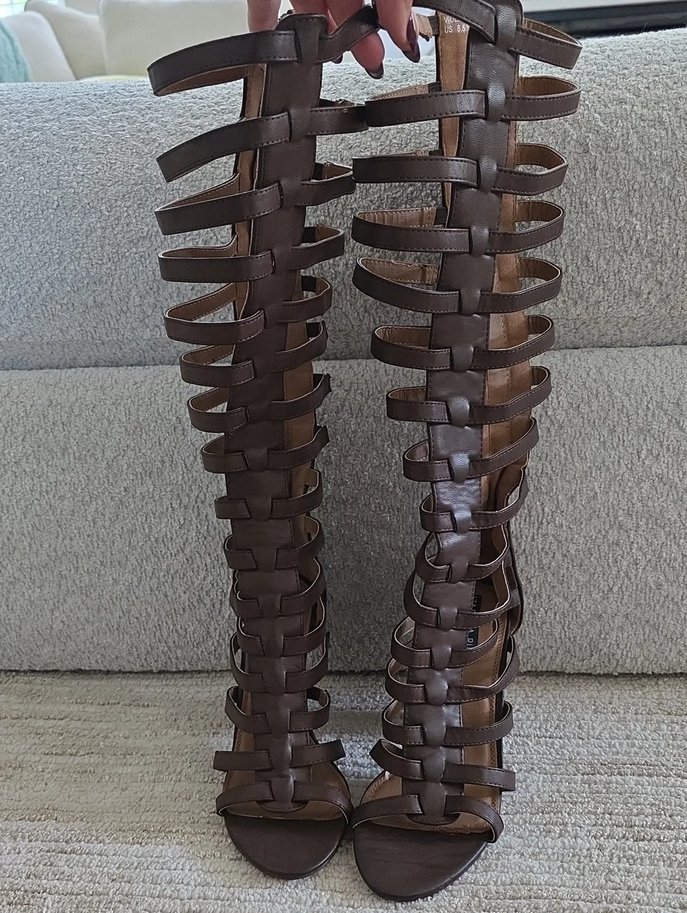 Izabella Rue Brown Strappy Knee Height Gladiator Boots